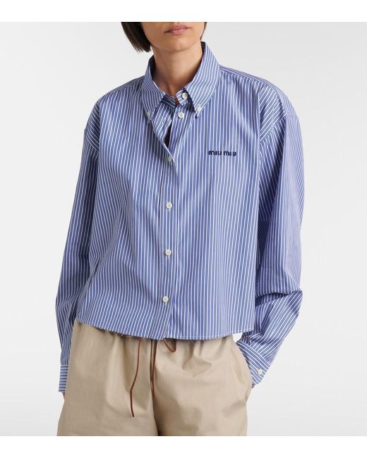 Miu Miu Blue Striped Cropped Cotton Poplin Shirt