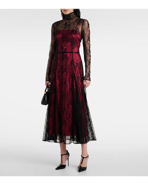 Dolce & Gabbana Red Floral Lace Midi Dress