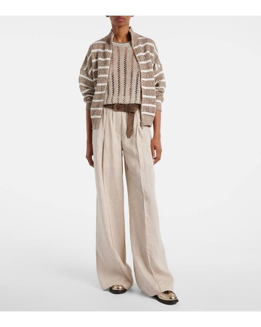 Brunello Cucinelli Natural Sequined Striped Linen-Blend Cardigan