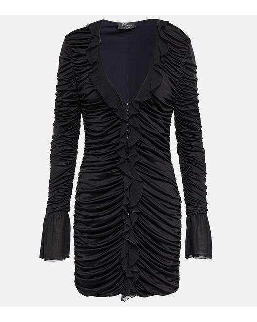 Blumarine Black Deep V-Neck Ruched Minidress