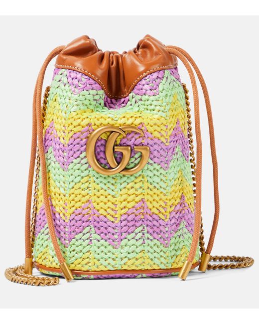 Gucci Multicolor GG Marmont Super Mini Raffia Bucket Bag