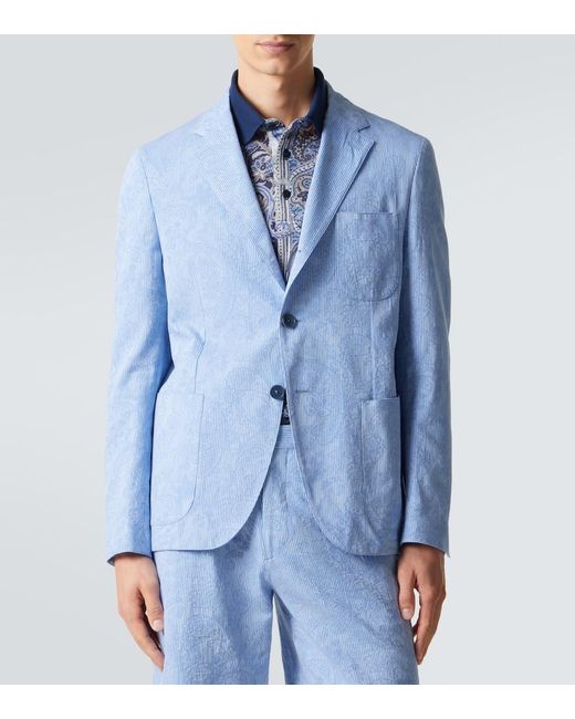 Etro Blue Woven Cotton Jersey Blazer for men