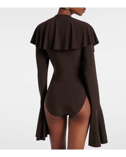 Norma Kamali Brown Ruffled Jersey Bodysuit
