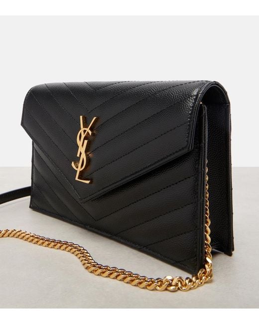 Saint Laurent Black Cassandre Envelope Small Leather Wallet On Chain