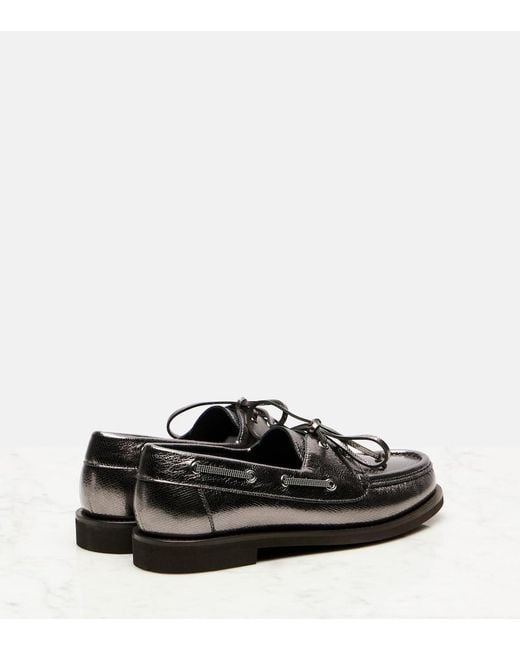 Brunello Cucinelli Black Monili Metallic Leather Boat Shoes