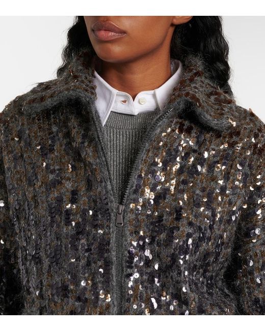 Brunello Cucinelli Black Sequined Mohair-Blend Zip-Up Sweater