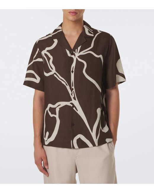 Frescobol Carioca Brown Printed Linen Bowling Shirt for men