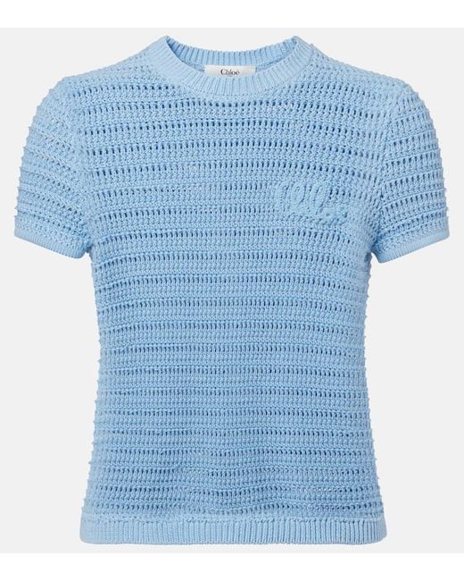 Chloé Blue Embroidered Crochet Cotton T-Shirt
