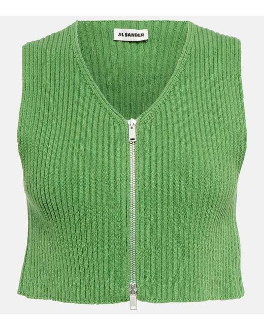 Jil Sander Green Ribbed-Knit Cotton Crop Top