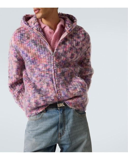 ERL Purple Hooded Wool, Mohair, And Cotton-Blend Cardigan for men