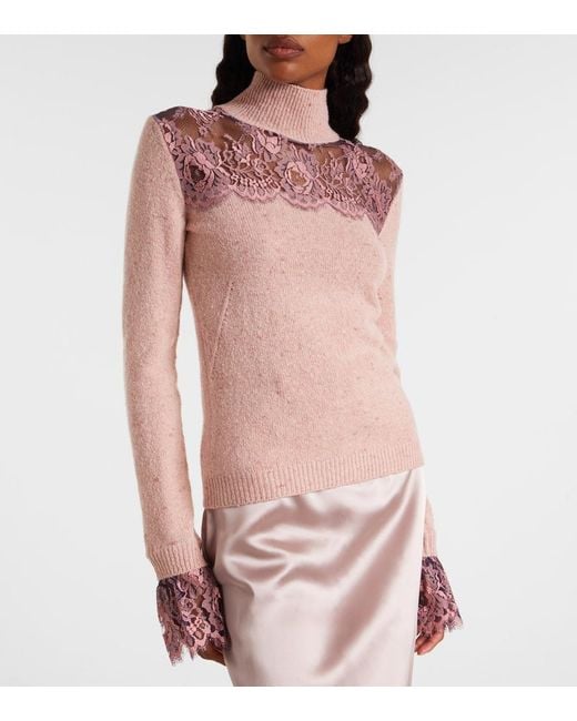 Valentino Pink Lace-Trimmed Wool-Blend Sweater