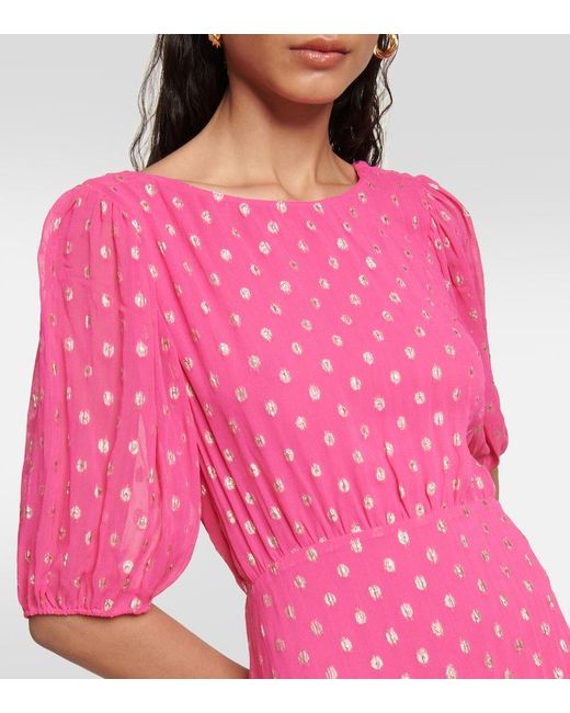 Rixo Pink Shireen Ruffled Polka-dot Metallic Fil Coupé Maxi Dress