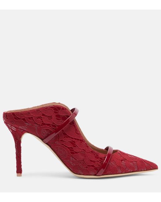 Malone Souliers Red Maureen 85 Leather-Trimmed Lace Mules