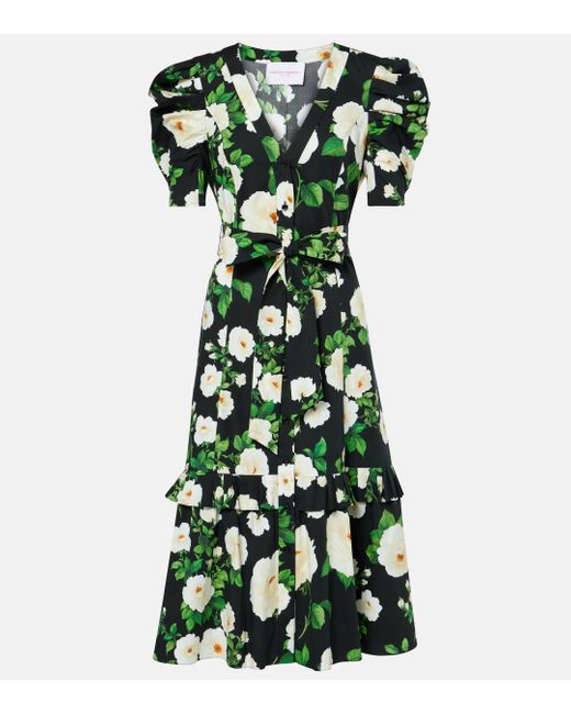 Carolina Herrera Green Floral Cotton-Blend Midi Dress