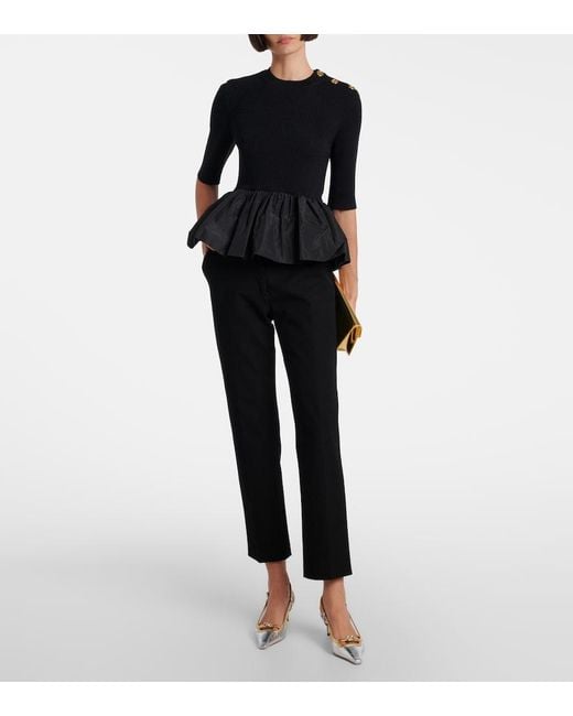 Patou Black Ribbed-Knit Peplum Wool Top