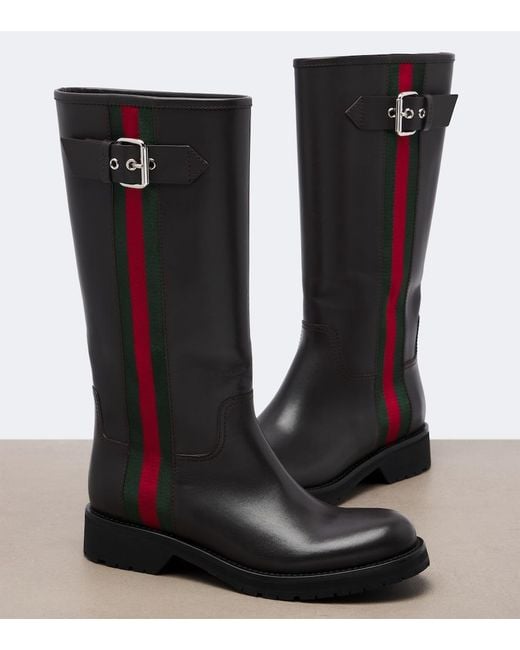 Gucci Black Web Stripe Leather Biker Boots