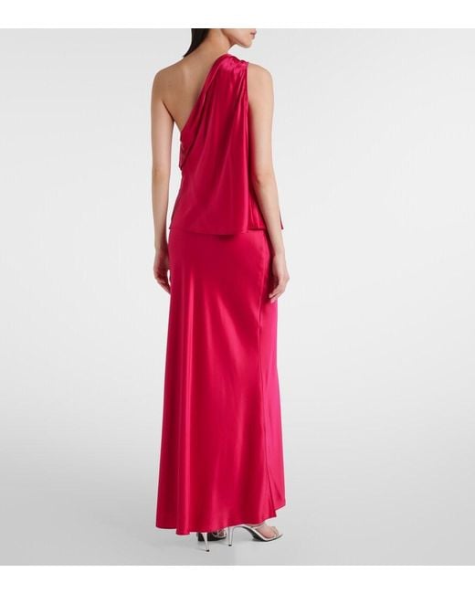 The Sei Red One-Shoulder Draped Silk Satin Top