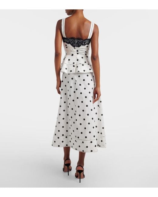 Self-Portrait White Polka-Dot Linen And Cotton Midi Dress