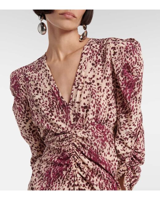 Isabel Marant Purple Deep V-Neck Midi Dress With Puffed Sleeves And Abstract Print