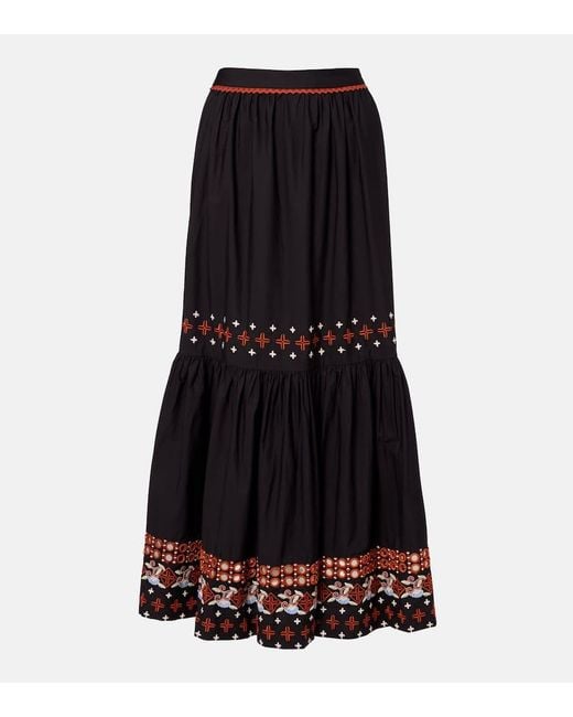 Farm Rio Black Embroidered Cotton Maxi Skirt