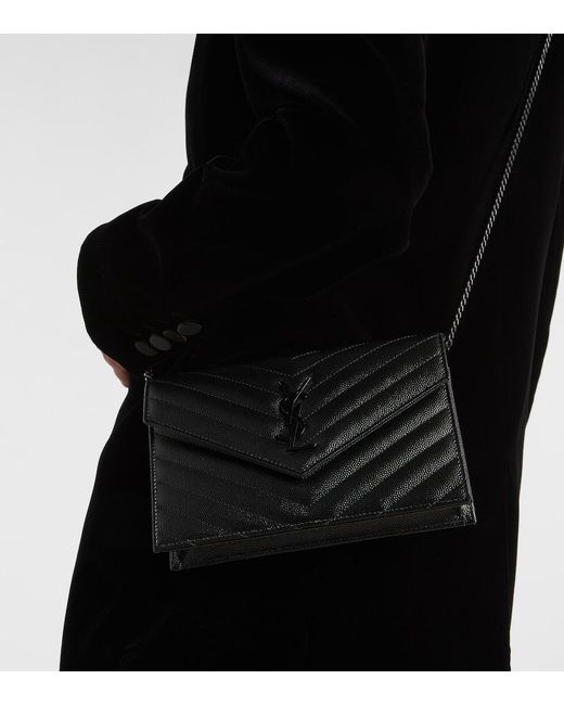 Saint Laurent Black Cassandre Envelope Small Leather Wallet On Chain