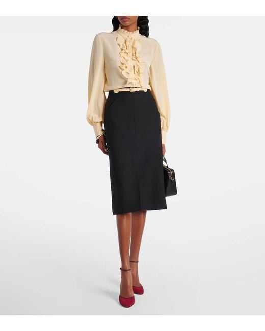 Valentino Black Belted Wool And Silk Midi Skirt