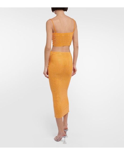 Self-Portrait Orange Embellished Ruched Midi Skirt