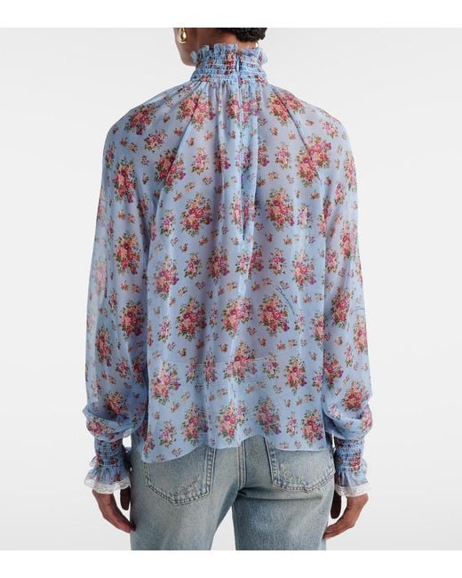 Dolce & Gabbana Blue Floral Ruffled Silk And Cotton Blouse