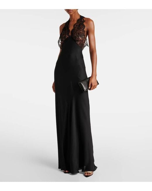 Saint Laurent Black Lace-Trimmed Silk Charmeuse Gown