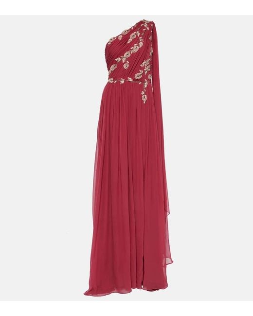 Costarellos One-Shoulder Embroidered Silk Gown