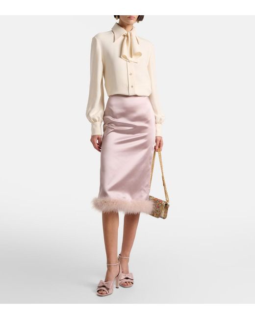 Valentino Pink Feather-Trimmed High-Rise Midi Skirt