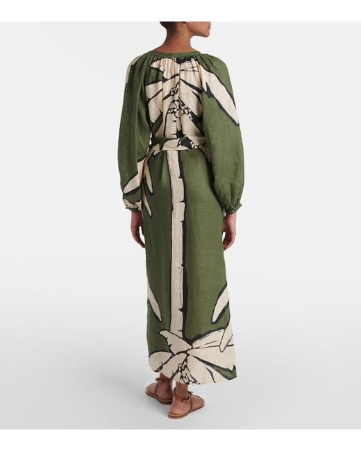 Johanna Ortiz Green Printed Linen Maxi Dress