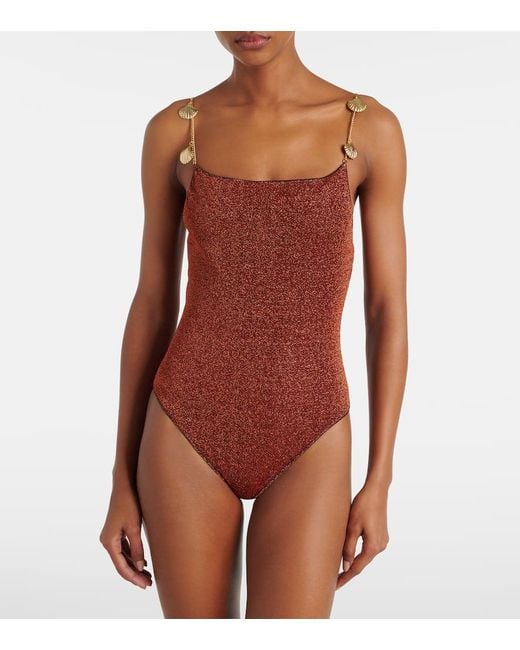 Oseree Red Lumiere Shells Embellished Swimsuit