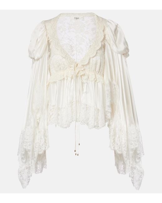 Chloé White Lace-Trimmed Silk Satin Top