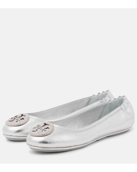 Tory Burch White Ballerinas Minnie Aus Metallic-Leder