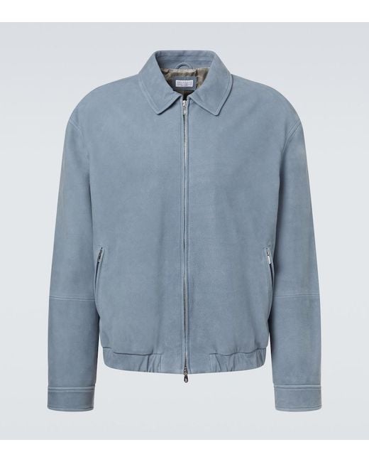 Brunello Cucinelli Blue Leather Blouson Jacket for men