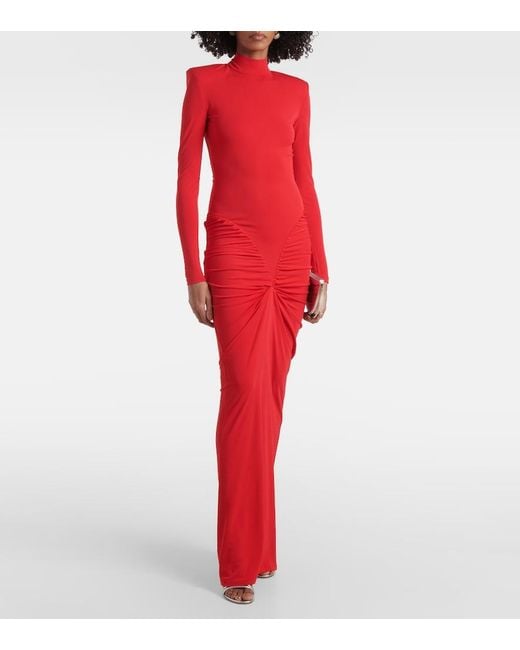 The New Arrivals Ilkyaz Ozel Red Darja Ruched High-Neck Gown