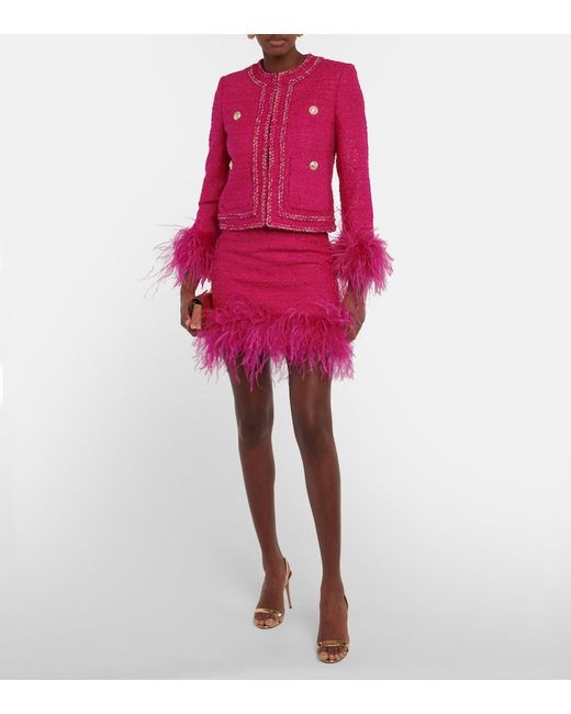 Rebecca Vallance Pink Feather-trimmed Tweed Miniskirt