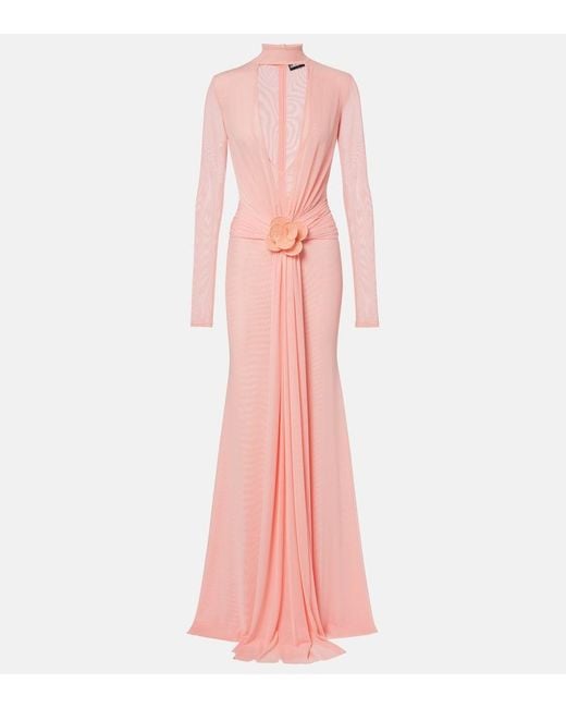 David Koma Pink Draped Floral-Applique Mesh Gown