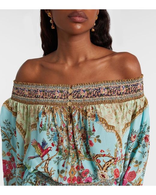 Camilla Blue Embellished Off-Shoulder Silk Crepe Minidress