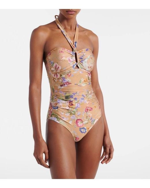 Zimmermann White Patience Floral Halterneck Swimsuit