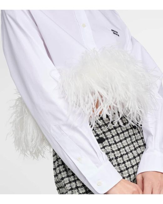 Miu Miu White Cropped-Hemd aus Popeline mit Federn
