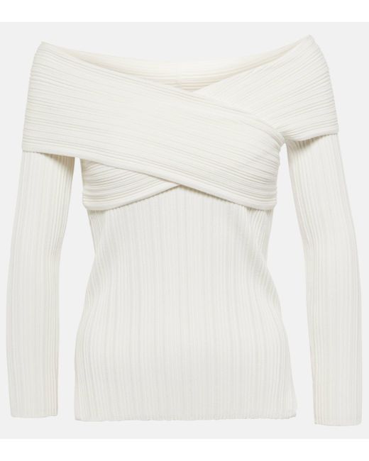 Veronica Beard White Yesenia Ribbed-knit Off-shoulder Top