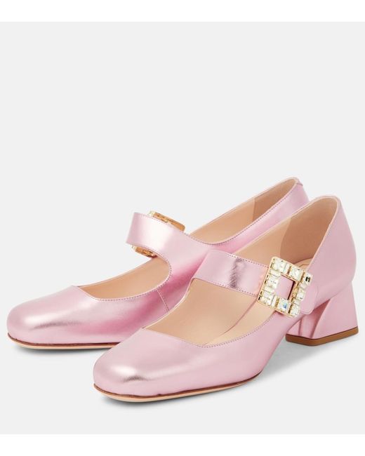Roger Vivier Pink Tres Vivier Metallic Leather Mary Jane Pumps