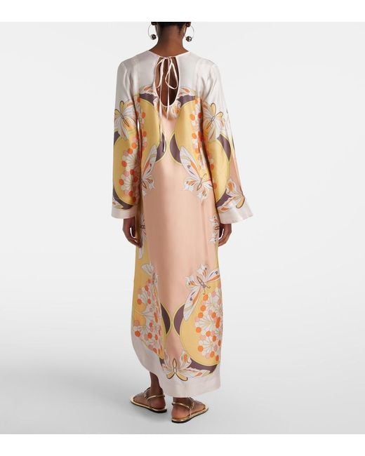 LaDoubleJ Metallic Twin Flame Printed Silk Twill Maxi Dress