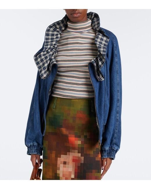 Dries Van Noten Blue Checked Ruffled Denim Jacket