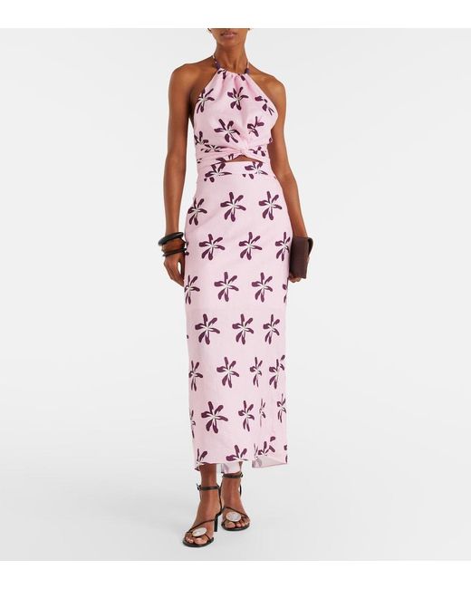 Cala De La Cruz Pink Magda Floral Linen Maxi Skirt