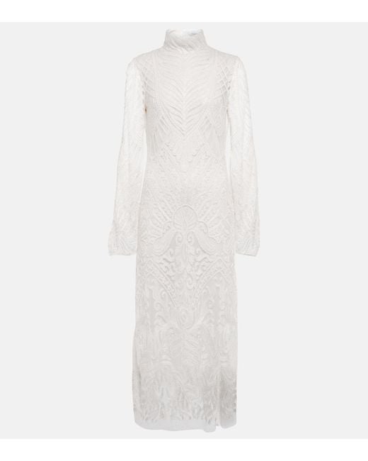 Galvan White Bridal Borghese Backless Lace Midi Dress