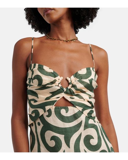 Johanna Ortiz Green Printed Linen Midi Dress