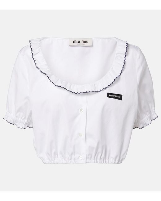 Miu Miu White Scalloped Cotton Poplin Crop Top